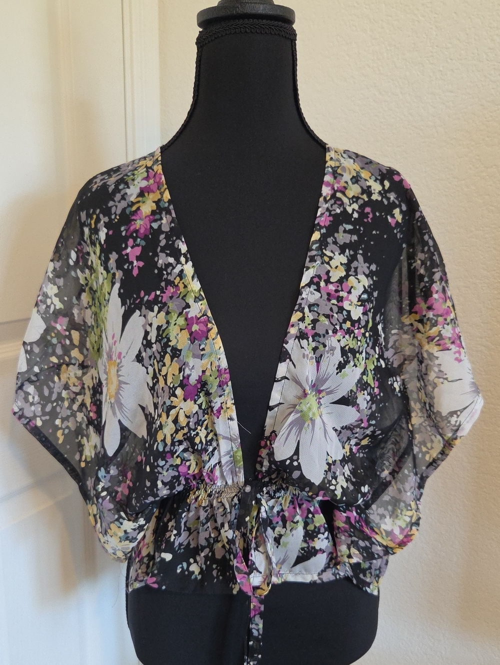 American Rag Floral Black Sheer Tie-Front Top with White and Pink Accents